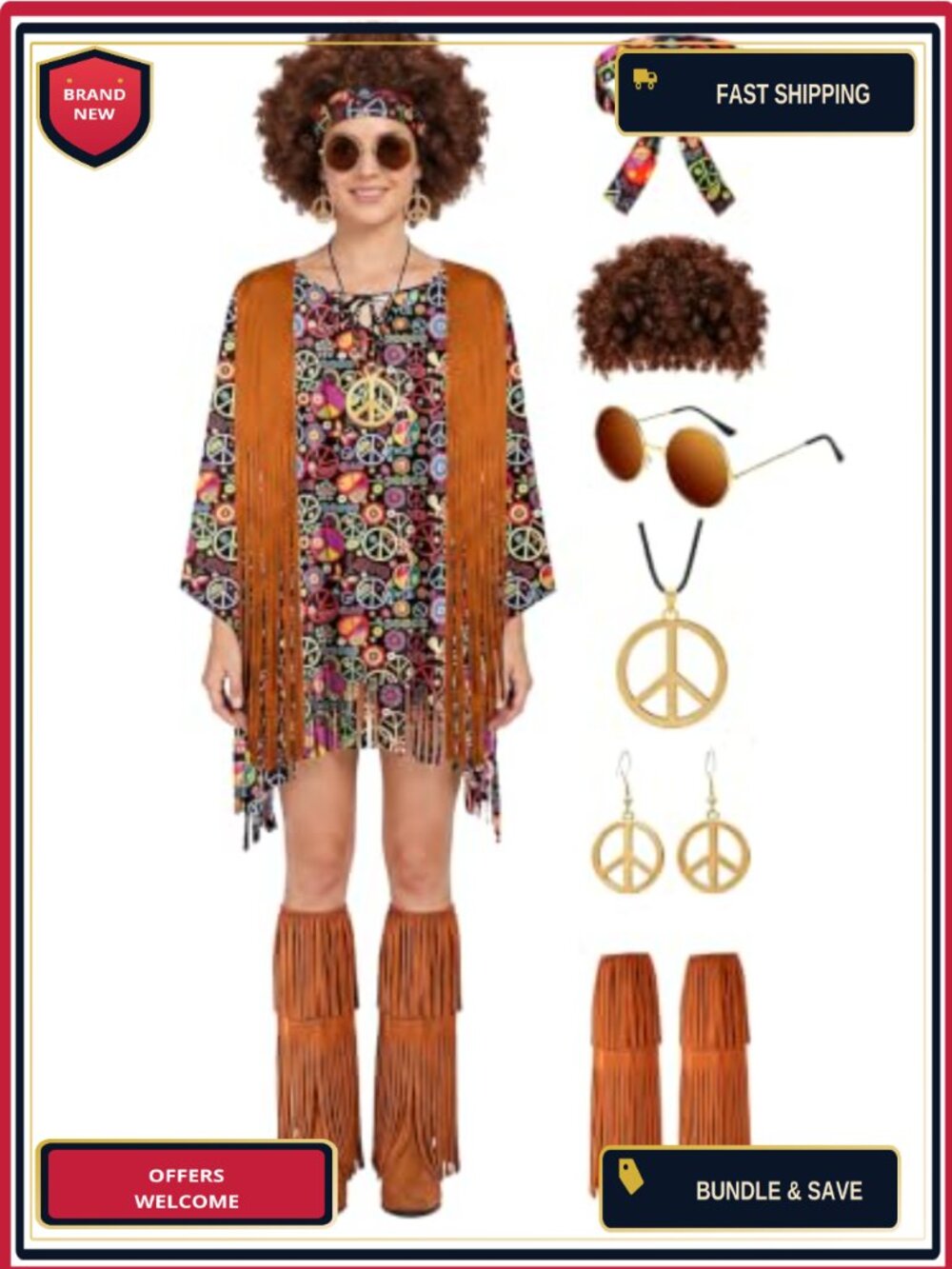 Hippie Costume Set Fringe Poncho Wig Peace Sign Fringe Leg Warmers 60s 70s